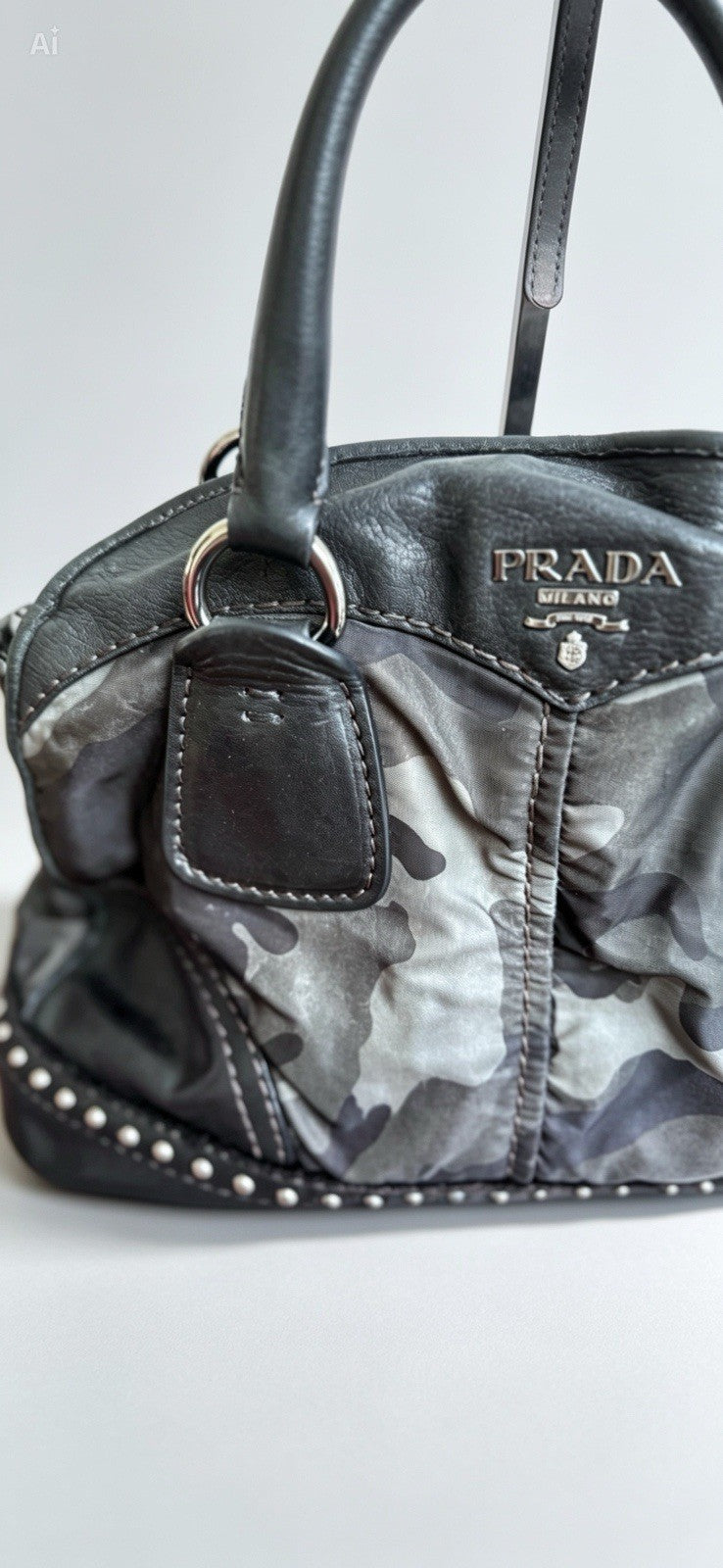 PRADA Vintage Fall 2010 Camouflage Tessuto Nylon Studded Bowler Bag (BL0688)