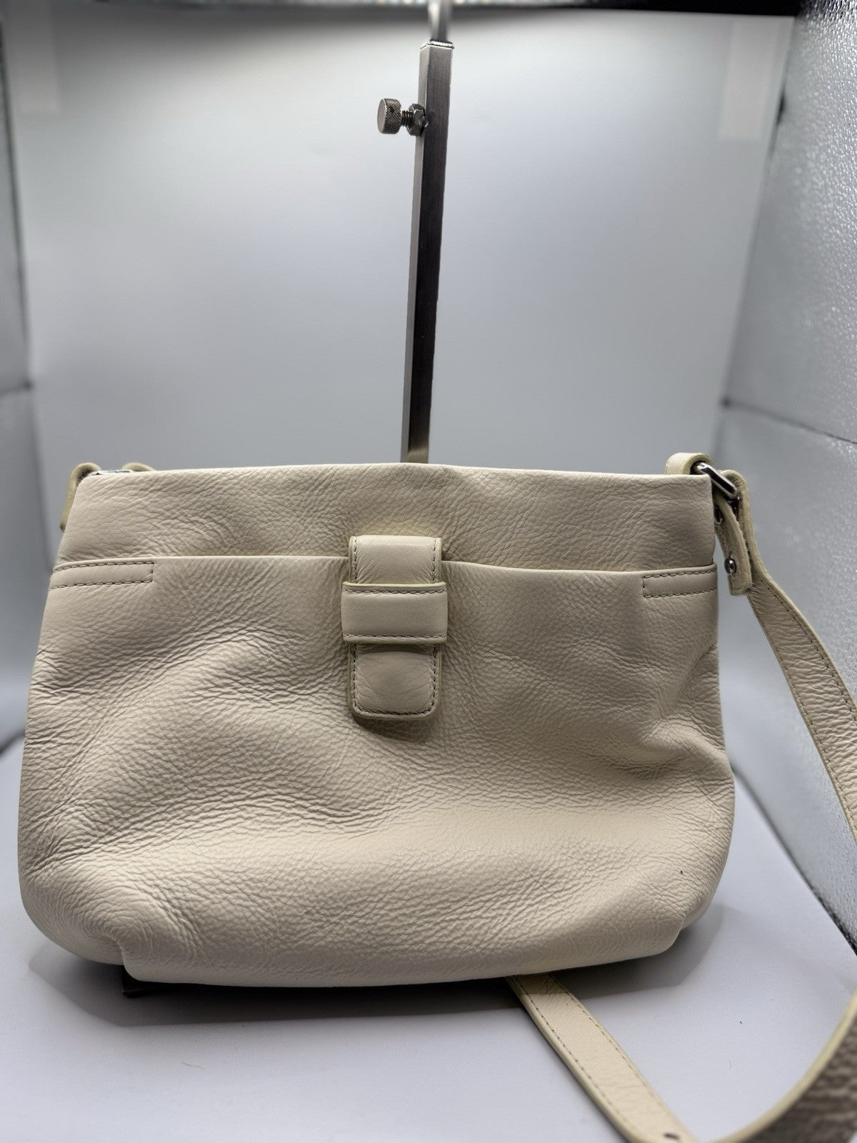 Orla Kiely Cream Leather Shoulder Crossbody Bag with Punched Out Stem Design