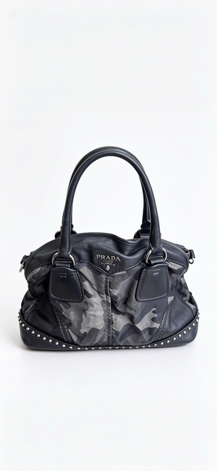 PRADA Vintage Fall 2010 Camouflage Tessuto Nylon Studded Bowler Bag (BL0688)