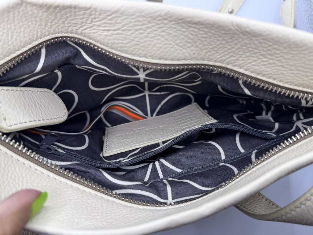 Orla Kiely Cream Leather Shoulder Crossbody Bag with Punched Out Stem Design
