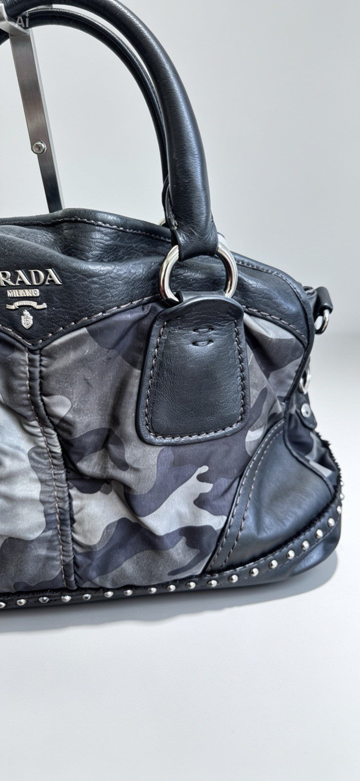 PRADA Vintage Fall 2010 Camouflage Tessuto Nylon Studded Bowler Bag (BL0688)