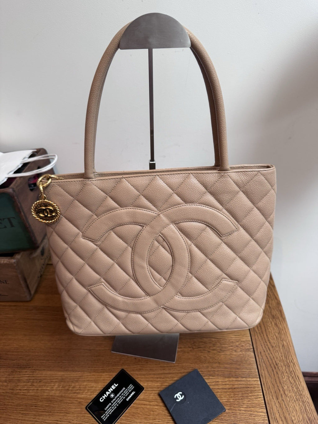 CHANEL Beige Medallion Tote,zip Closure quilted caviar leather