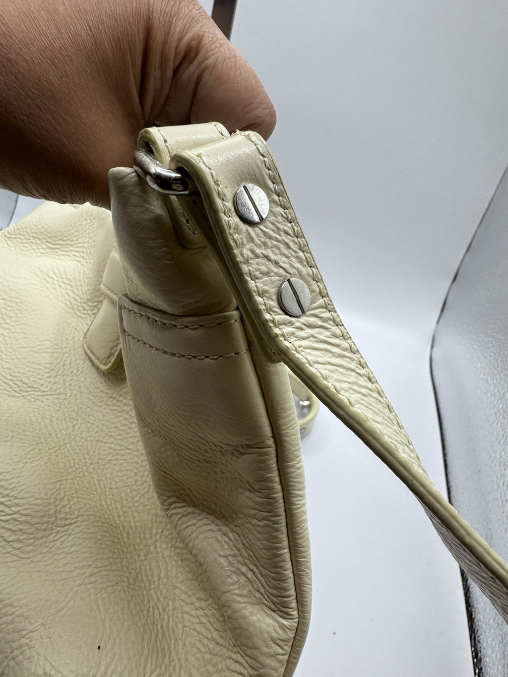Orla Kiely Cream Leather Shoulder Crossbody Bag with Punched Out Stem Design