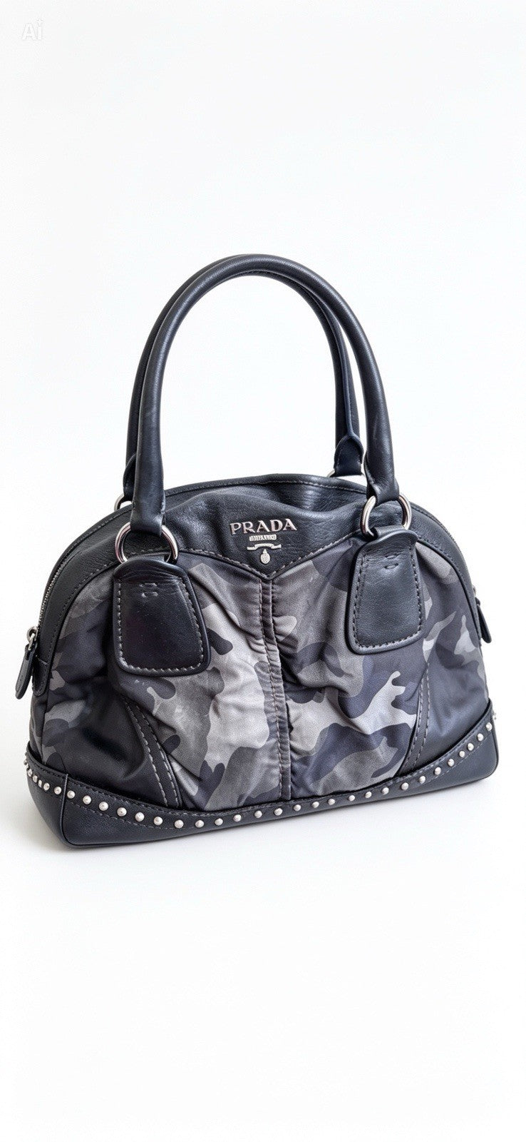 PRADA Vintage Fall 2010 Camouflage Tessuto Nylon Studded Bowler Bag (BL0688)