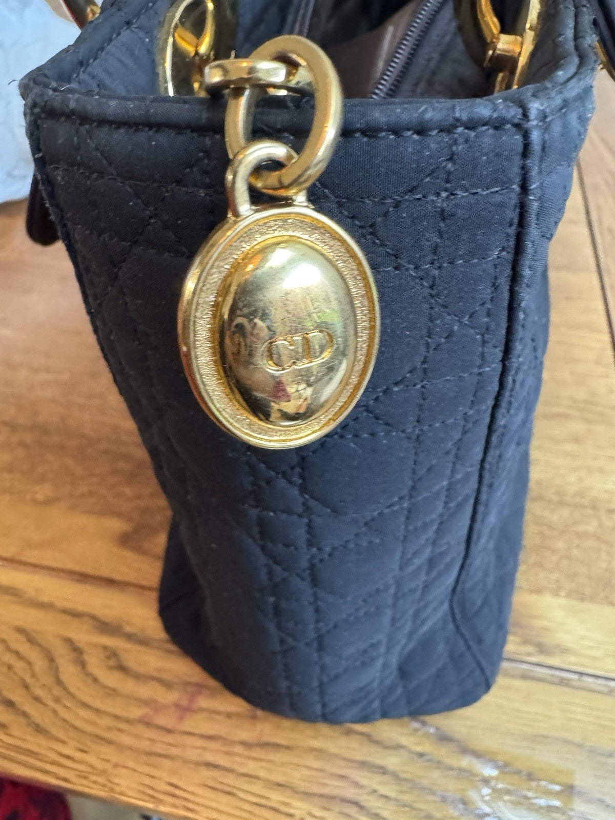 Dior Lady Dior Cannage Gold Hardware Shoulder Bag  Black Nylon