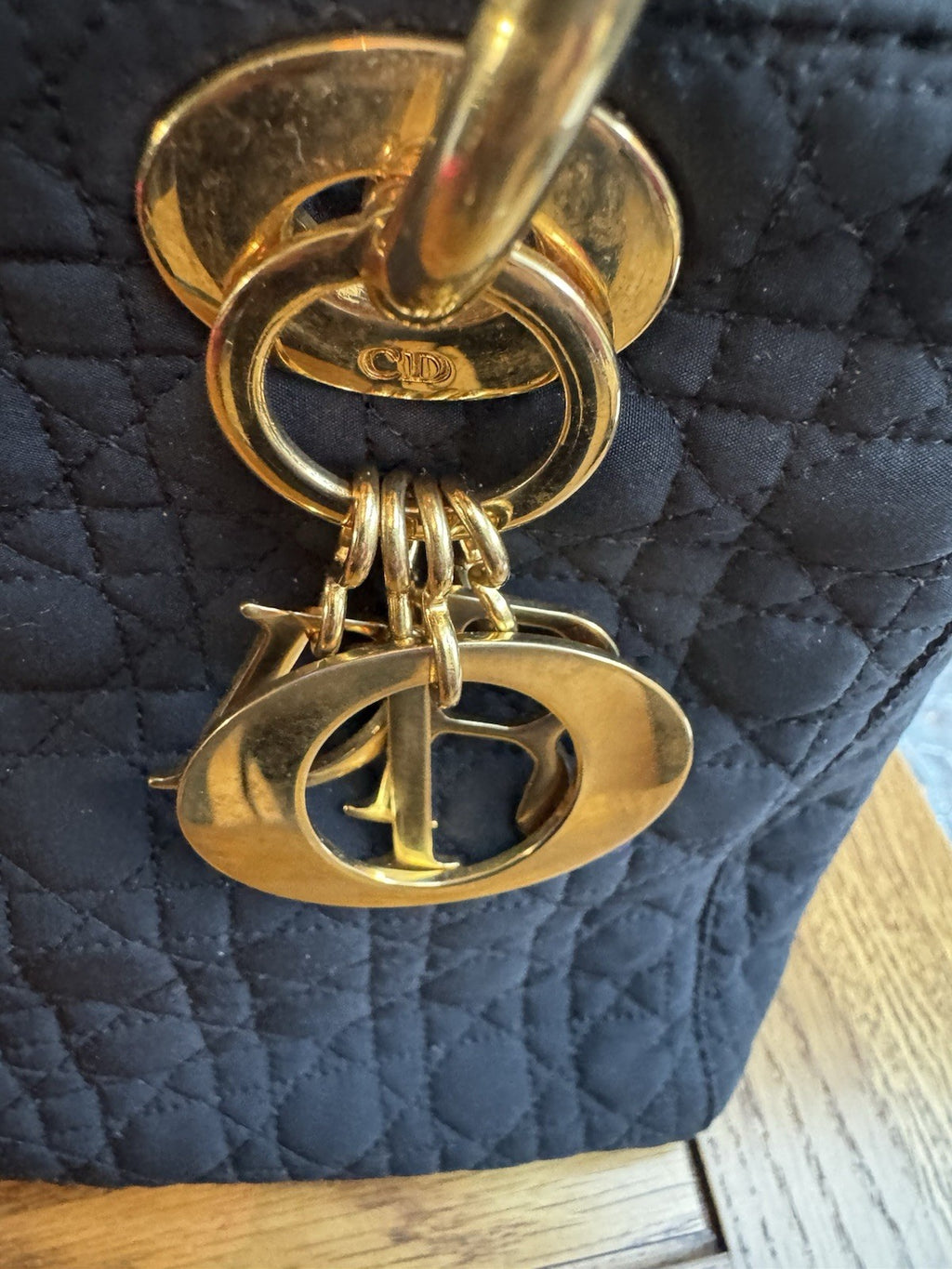 Dior Lady Dior Cannage Gold Hardware Shoulder Bag  Black Nylon