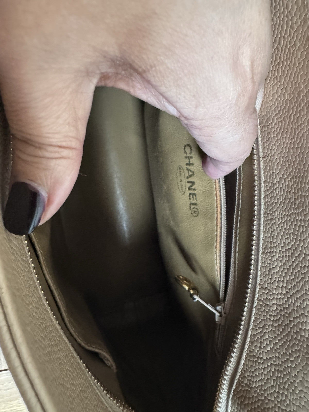 CHANEL Beige Medallion Tote,zip Closure quilted caviar leather