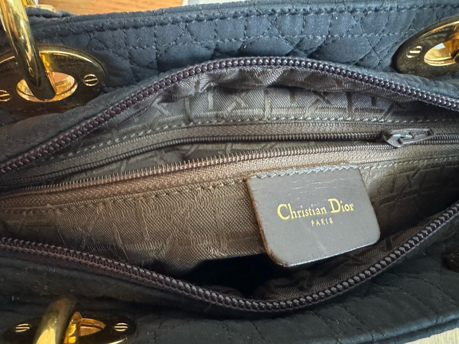 Dior Lady Dior Cannage Gold Hardware Shoulder Bag  Black Nylon