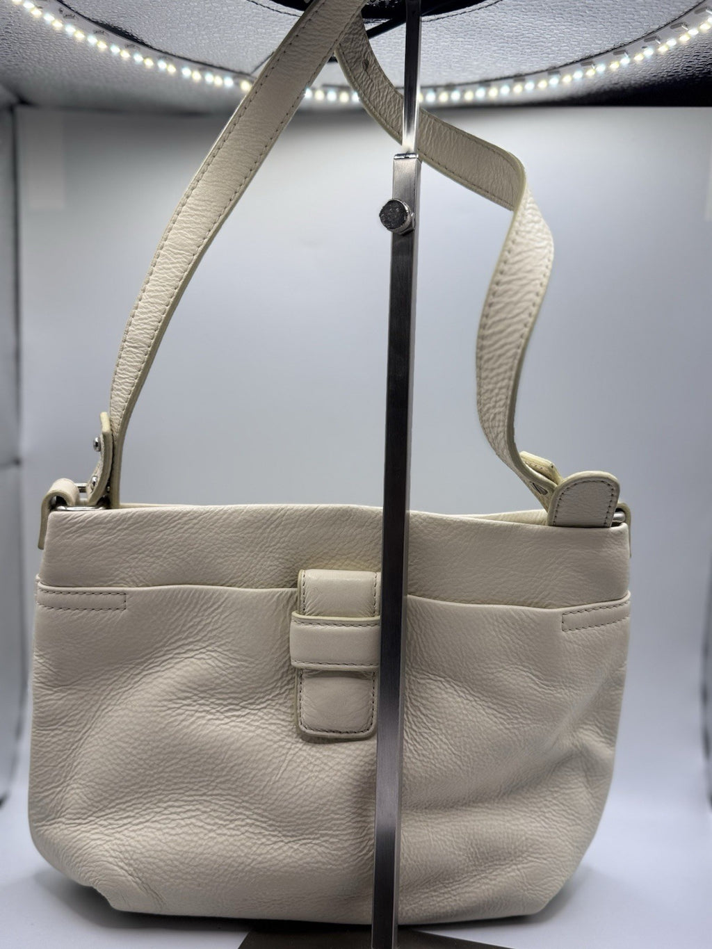 Orla Kiely Cream Leather Shoulder Crossbody Bag with Punched Out Stem Design