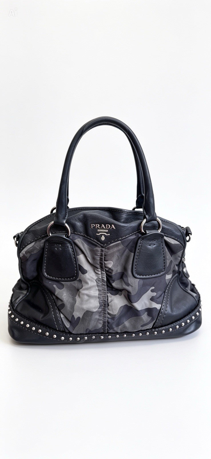 PRADA Vintage Fall 2010 Camouflage Tessuto Nylon Studded Bowler Bag (BL0688)
