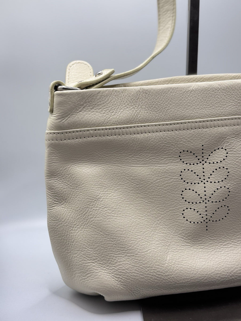 Orla Kiely Cream Leather Shoulder Crossbody Bag with Punched Out Stem Design