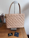 CHANEL Beige Medallion Tote,zip Closure quilted caviar leather